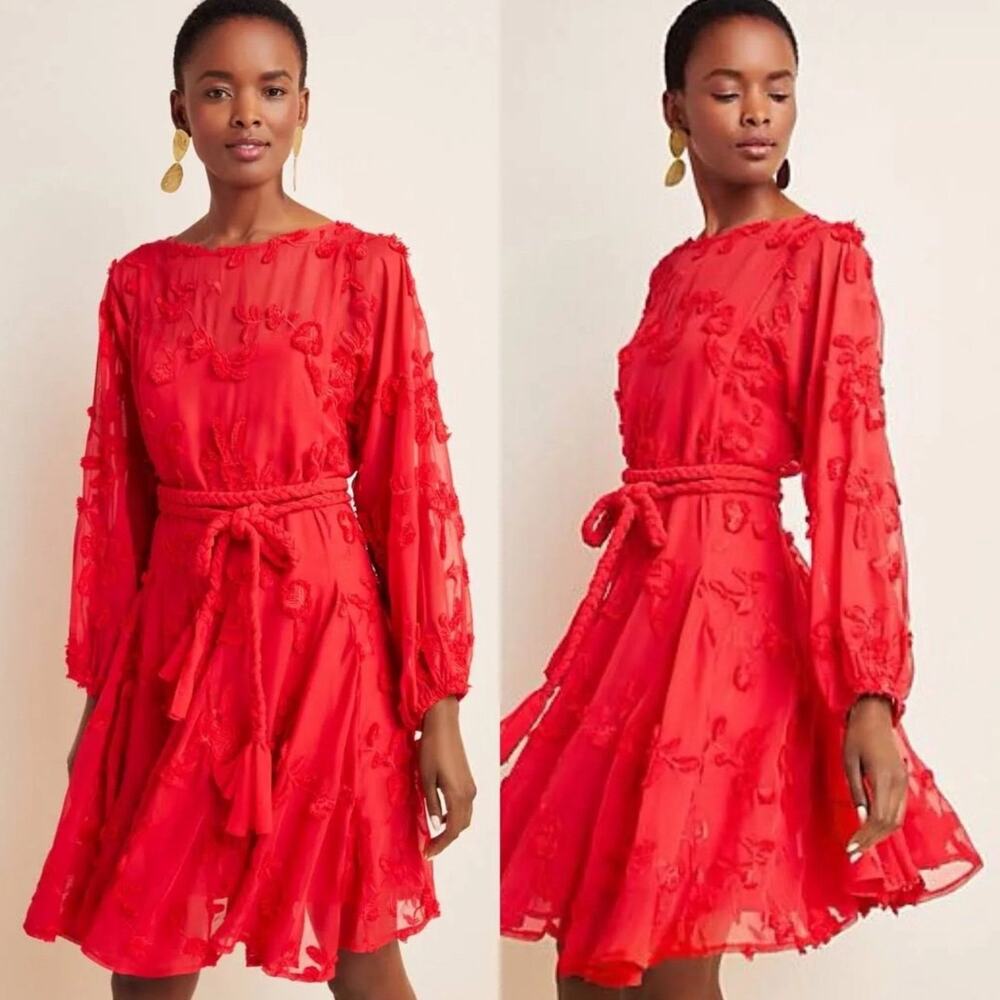 Anthropologie Mare Mare Amal Textured Embroidered Mini Dress Red XS Long Sleeve